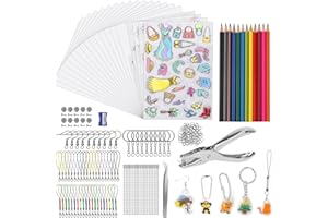 HUMTEOXI 225 sztuk folii termokurczliwych dla dzieci, folia termokurczliwa do majsterkowania, zawiera 20 kurczliwych tworzyw sztucznych, breloczków do kluczy, kredek, dziurkaczy do samodzielnego