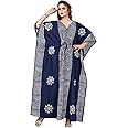 THEKAFTANSHOP Women's 100% Pure Cotton Hand Dyed Batik Free Size Kaftan | Nightwear Kaftan | Nighty for Women | Lounge Wear | Sleepwear - Blue Stipes K11