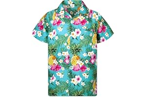King Kameha Funky Casual Hawaiian Shirt for Kids Boys and Girls Front Pocket Very Loud Shortsleeve Unisex Pineapple Leaves Palms Print