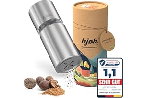 kjøk Premium Molinillo de nuez moscada con depósito de almacenamiento, acero inoxidable cepillado, mecanismo de acero afilado para un polvo fino molinillo de especias para habas tonka