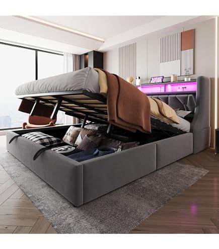 Lit Double 180x200 Avec LED Et Charge USB - Sommier à Lattes, Coffre Hydraulique, Tissu Lin Beige - Sans Matelas - 7