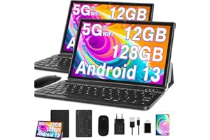 GOODTEL 2024 Tablette 10 Pouces Android 13 Octa Core avec 12Go RAM + 128Go ROM (1To TF) | 5G + 2.4G WiFi | FHD | GPS | Bluetooth 5.0 | 8MP + 5MP | Type C, Tablette Tactile avec étui, Clavier et Souris - Noir