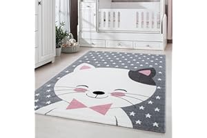 CARPETSALE24 Tappeti per bambini, colore rosa, disegno gatto, 112875, tappeto rettangolare, Tappeti camera dei bambini, 140 x 200 cm
