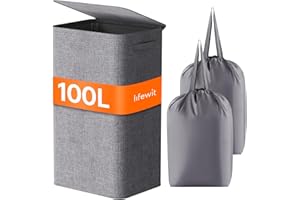 Lifewit 100 l Kosz na pranie z pokrywką, duży kosz na pranie z uchwytami w pokrywie i 2 wyjmowanymi torbami, wysoki, składany brudne ubrania do pralni, łazienki, akademika, sypialni, Szary