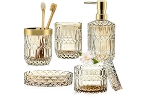 TBRFP Juego de accesorios de baño dorados de 5 piezas, juego de accesorios de baño con dispensador de jabón dorado, jabonera, soporte para cepillo de dientes, vaso, tarros de hisopo de algodón