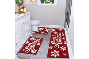 Enyhom Ultra Soft Merry Christmas Bathroom Mat Sets 3 Pieces Luxury Non Slip Absorbent Bath and Toilet Mat Set Machine Washable Bath Floor Rug Shower Rug