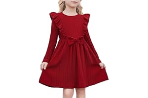 Arshiner Niñas Vestidos Mangas con Volantes Niños Pajarita de Punto Acanalado A-Line Fiesta Otoño Invierno Manga Larga Vestidos para Niñas 3-8 Años