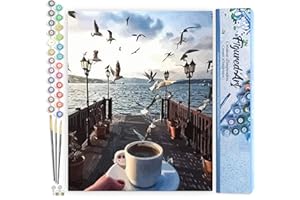 Figured'Art Paint by Numbers for Adults Coffee and Seagulls at waterfront 40x50cm - Craft Art Painting DIY Kit Rolled Canvas without frame