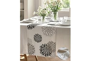 Vorysum Camino de Mesa Dalias Moderno Cocina Exterior Impermeable Camino de Mesa Gris Hogar Decoración Manteles para Fiestas de Vacaciones Comedor 33x183 cm