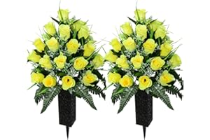 SIFOEL 2 Piezas de Flores Artificiales Cementerio con florero, Rosa Artificial Tumba Flores conmemorativas para la decoración de la lápida del Cementerio (Yellow-24T)