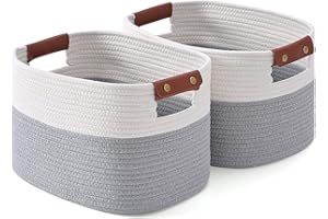 GYBOOM Woven Cotton Rope Storage Basket,Decorative Baskets with Detachable Leather Handles for Closet Storage,Woven Baskets For Toy Storage, Blanket Storage (2pack White/Grey)