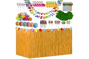 HBELL 156pcs Hawaiian Tropical Party Decoration Set,Hawaiian Grass Table Skirt Hawaii Garland Palm Leaves Colored Umbrellas 3D Fruit Straws Suitable for Jungle Garden Beach Summer Party (Straw color)