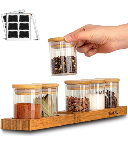Set De 8 Pots à Épices En Verre 250ml - Couvercles Bambou - Étanches - Avec Étiquettes - Lavables Lave-Vaisselle