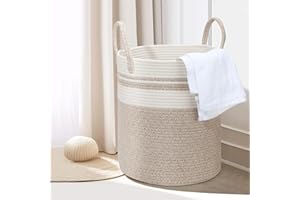 HDRNT Panier à linge tressé en coton - 45 l - Avec anse - Panier à linge tressé - Panier de rangement pour chambre d'enfant, salle de bain - 35 x 40 cm - Beige + blanc