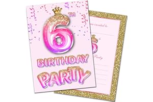 Olivia Samuel 20 Pack of 6th Birthday Invitations with Envelopes – Pink and Gold Glitter Effect – Ready to Write – Designed and Printed in the UK