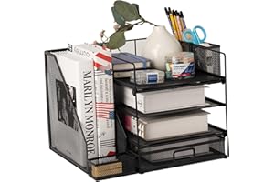 ZNMYDMT Schreibtisch-Organizer, Briefablagen mit Aktenhalter, 4-stöckiger Schreibtisch-Aktenordner mit Schublade und Stifthalter, Netz-Schreibtisch-Organizer und Zubehör mit Zeitschriftenhalter(schwarz)