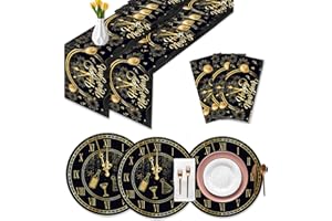 DPKOW 9pcs Black Gold Happy New Year Table Runner Placemats Set, New Years Eve Decorations 2026, NYE Party Decorations Supplies 2026, 3pcs Table Runner Disposable Waterproof, 6pcs Paper Place Mats