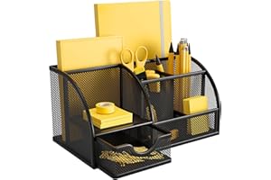 Pipishell Desk Organiser, Mesh Desk Tidy & Pen Holder with 6 Compartments and 1 Drawer, Stationery Organisers for Home, Office, School, Classroom, Workshop