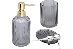 G Decor Designer 3-Piece Smoky Grey Modern Transparent Pressed Glass Bathroom Accessory Set, Includes Liquid Soap or Lotion Dispenser, Toothbrush Holder, Soap Dish