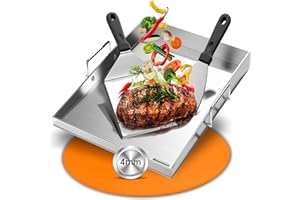 SEALONG Plancha Grillplatte Edelstahl 40x30cm (4mm Dick) für Gasgrill & Kohlegrill – Inkl. Tragebügel+2 Grillspachtel – Geschlossene Ecken mit Fettablauf, Rostfrei & Langlebig – Ideal für Camping & Garten BBQ