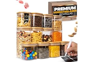 CLIDOR Vorratsgläser mit Deckel, Eckig - 12er Set - 4x 880ml & 8x 380ml, Erhöhte Glasstärke, Vorratsdosen mit Deckel luftdicht, Aufbewahrungsbox Küche für alle Lebensmittel, Küchen Organizer