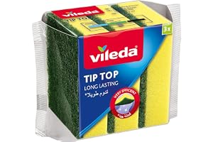 Vileda Tip Top Dish Washing Medium Foam Sponge Scourer 3 Pcs, Long-Lasting and Durable, Sensitive Surfaces, Yellow & Green, (3 Pcs Per Pack).