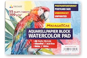 TRITART Papel acuarela blanco tamaño A6 - Papel acuarela 300g para tus creaciones artísticas - Cuaderno acuarela de 55 hojas blancas