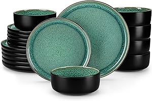 vancasso Dinner Set, Reactive Glaze Dinner Sets for 6 People, 18-Piece Mediterranean Crockery Set with Dinner Plates, Dessert Plate and Cereal Bowls, Playa Green