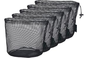 iBasingo 5 piccoli sacchetti in rete nera in nylon resistente con coulisse, per cosmetici, gel doccia, vasetto da tennis, palla da golf, strumenti per esterni