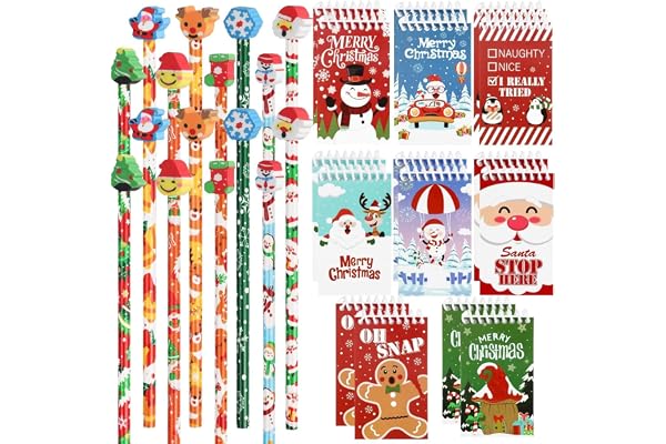 DERAYEE Kit de 32 Fournitures Scolaires Enfant Noel,16PCS Crayons en Bois avec Gomme & 16PCS Mini Blocs-notes Inclus