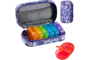 Serfeymi Pill Box 7 Days Morning Evening Pill Box 7 Days 2 Compartments Rainbow Medication Box Tablet Organiser with Portable Zip PU Leather for Medication, Fish Oils - Purple 01