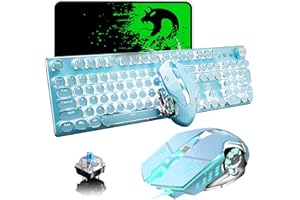 LEXONELEC USB-Tastatur mit Kabel, mechanisch, Blauer Schalter, Retro, Steampunk, Vintage, Schreibmaschinen-Stil, weiße LED-Hintergrundbeleuchtung, 104 Tasten, Anti-Ghosting + 2400 DPI, 6 Tasten, Gaming-Maus