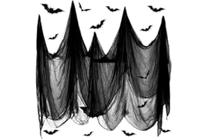 CZMAO Halloween Decorazioni, Panno Inquietante di Halloween,12 Pezzi Pipistrello Falso 3D Neri, Ragnatela Nera Filato di Cotone Festa di Halloween Decorazioni 215 x 500 cm