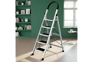 Plantex Ladder for Home 5 Steps/Foldable Ladder with Anti-Skid Wide Steps (30L x 20W cm)/Strong D-Shape Pipe with X-Support f