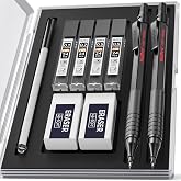Nicpro 2 Pieces Metallic Mechanical Pencil 0.5 mm + 0.8 mm Black, with 4 Tube HB Leads, 2 Erasers &ndash; for Artists Drawing Writi