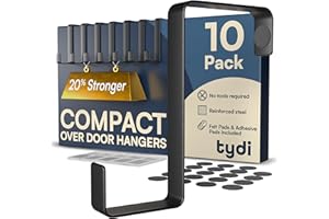Tydi Compact Over Door Hanger (10 Pack) – Holds 6KG – Reversible Fit for 3.6cm & 4.6cm Doors – Thick Stainless Steel Over Door Hooks with Felt & Adhesive Pads – Black