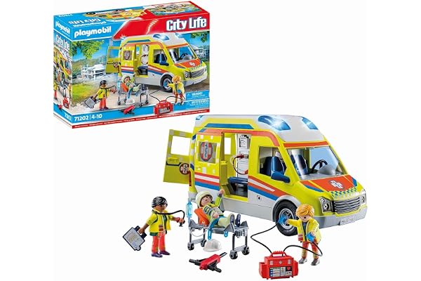 Playmobil 71202 Ambulance avec Effets Lumineux et sonore - City Life - Les Secours - avec Trois Personnages, Un Brancard à Roulette et des équipements de Secours - Ville & Métiers - Dès 4 Ans