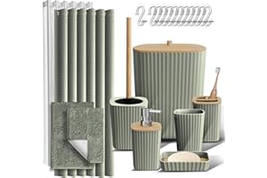 Clara Clark Badezimmer-Zubehör-Set, 22-teilig, mit Duschvorhang, Teppichen, Abfalleimer, Salbeigrün