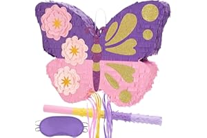 WERNNSAI Schmetterling Pinata – Schmetterling Geburtstag Pinata Deko Mädchen Kinder Rosa Lila Blumen Piñata mit Stock Augenmaske Quaste Kordelzug Geburtstagsparty Dekoration Lustig Piñata Spiele