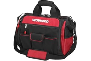 WORKPRO Sac à Outil avec 39 Poches 42 x 25 x 34 cm, Sac Porte-outils avec Grande Capacité, Fond Dur Etanche, Bandoulière Large Réglable, Zip Flexible, Charge Maximale 28 KG