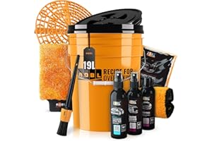 SHINY FREAKS ADBL Set de lavado: Juego de cubos de lavado (5GAL | naranja) colador de suciedad y tapa para lavado a mano de coches - Limpieza, cuidado y sellado de la pintura y las llantas | 10-pza