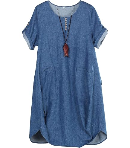 Robe Jean Femme Manches Courtes - Mi-longue, Col Revers, Poches, Grande Taille