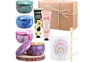 LDUMODUW Pudełko na prezent dla kobiet, pomysły na prezenty urodzinowe, pudełko zapachowych świec, zawiera 4 świece, świeczniki, kubek i łyżkę do kawy, 2 kremy do rąk