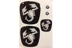 ADESIVI COMPULSIVI Logo Anteriore, Posteriore + Volante + 2 Stemmi per Portachiavi. per Cofano e Baule. Adesivi resinati, Effetto 3D. Fregi Scorpione, Colore Bianco Nero