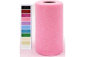 ABLEME DECO Glitter Tulle Fabric 15cm x 45m Sparkle Tulle Roll for Tutu Dress Wedding Decoration Gift Wrapping Bow Party Supplies DIY Crafts (Pink)
