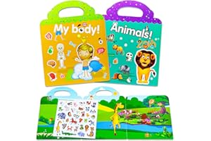 AIRNOGO Gommettes Enfants 2 3 4 Ans 2 Pcs Livre Autocollant Mon Corps et Animaux, Reutilisable Activite Enfant Autocollant avec Pliable Panorama et PVC Statiques Illustré, Reusable Sticker Book, Idees Cadeaux