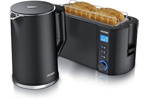 ‎ARENDO Arendo - Wasserkocher mit Toaster SET Edelstahl Schwarz, Wasserkocher 1,5L 40° 100°C Warmhaltefunktion Toaster 4 Scheiben LED-Display 6 Bräunungsgrade Brötchaufsatz