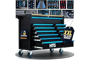 NTG Carro de herramientas XXL – 471 piezas equipado – 12 cajones con encimera de madera, con cerradura, móvil sobre ruedas – Carro de taller profesional de metal para garaje y taller