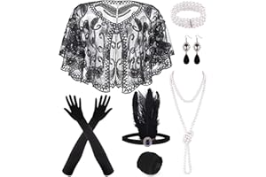 PLULON 10 Piezas 1920s Flapper Gran Gatsby Accesorios Set Moda Roaring 20's Theme Set con Diadema Tocado Largo Negro Guantes Collar Pendientes para Mujer