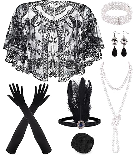 Vrouwen 1920s Flapper Zwart Gouden Vijf Stuks Accessoires Set - NL